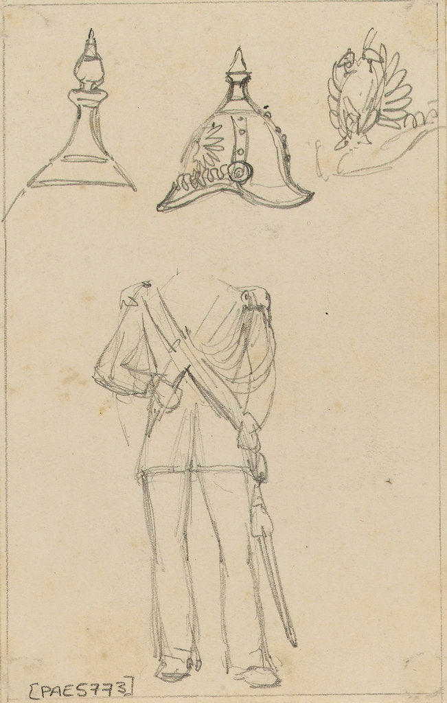Detail of Details of military uniforms, including helmet by Edward William Cooke