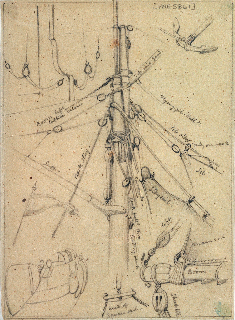 Detail of Rigging and other details probably relating to 951; including the main mast head, rudder tackle, anchor and flag by Edward William Cooke