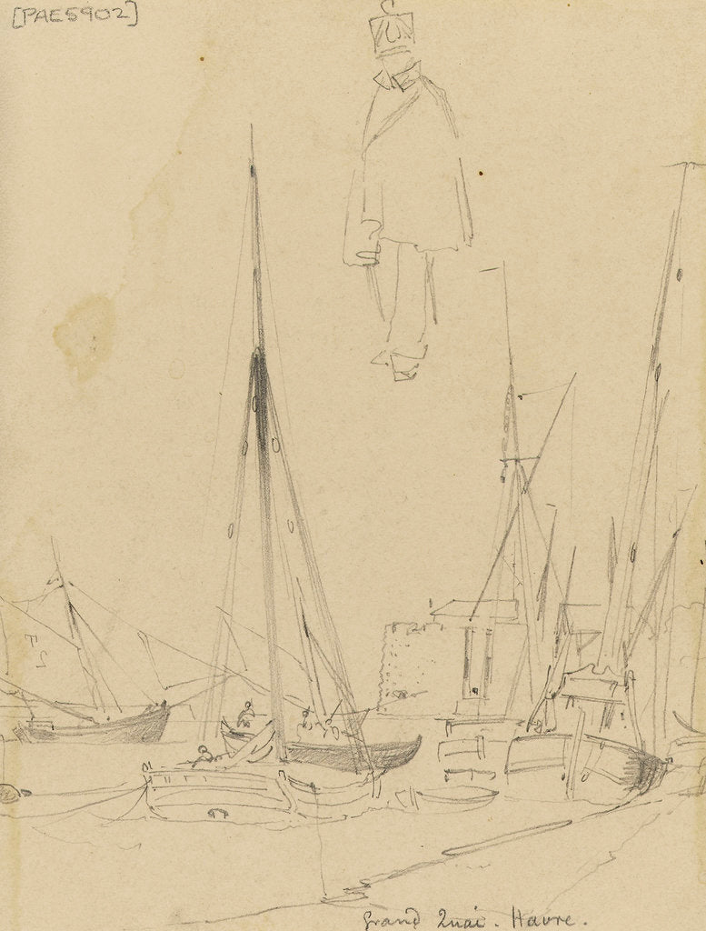 Detail of Grand Quai, Havre with a sketch of a uniformed figure by Edward William Cooke