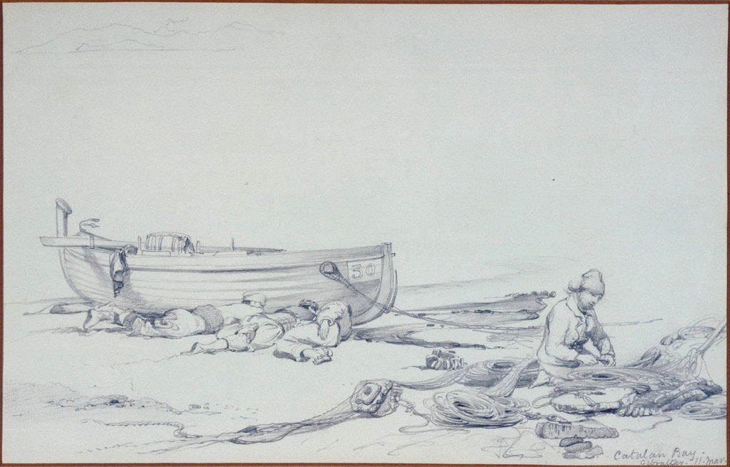 Detail of A beached boat (No.30) in Catalan Bay, Gibraltar, with three recumbent figures and one fisherman mending nets by Edward William Cooke