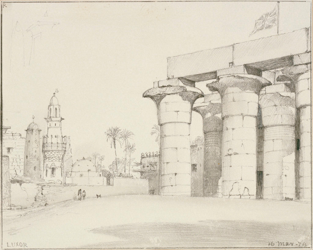 Detail of The colonnade of the Temple of Luxor, Egypt, with the Mosque of Abu'l Haggag by Edward William Cooke