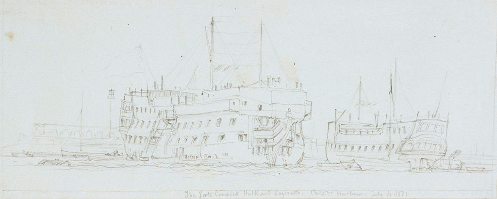 Detail of The York Convict Hulk in Portsmouth Harbour with another hulk beyond by Edward William Cooke