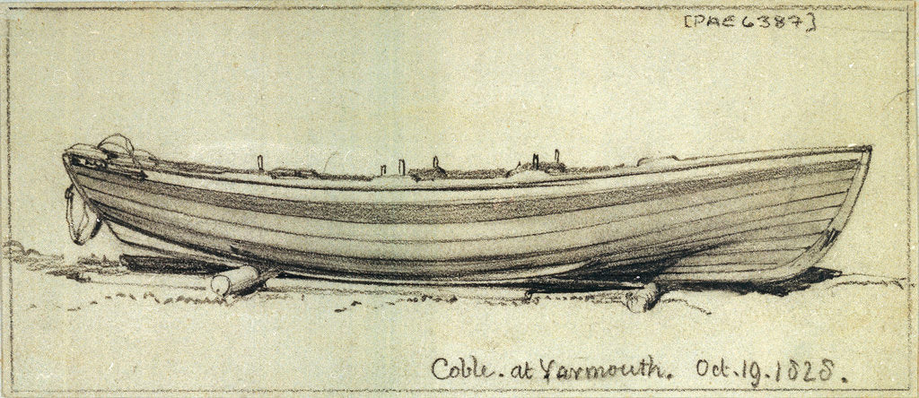Detail of A coble hauled up on rollers on Yarmouth beach. Starboard side by Edward William Cooke