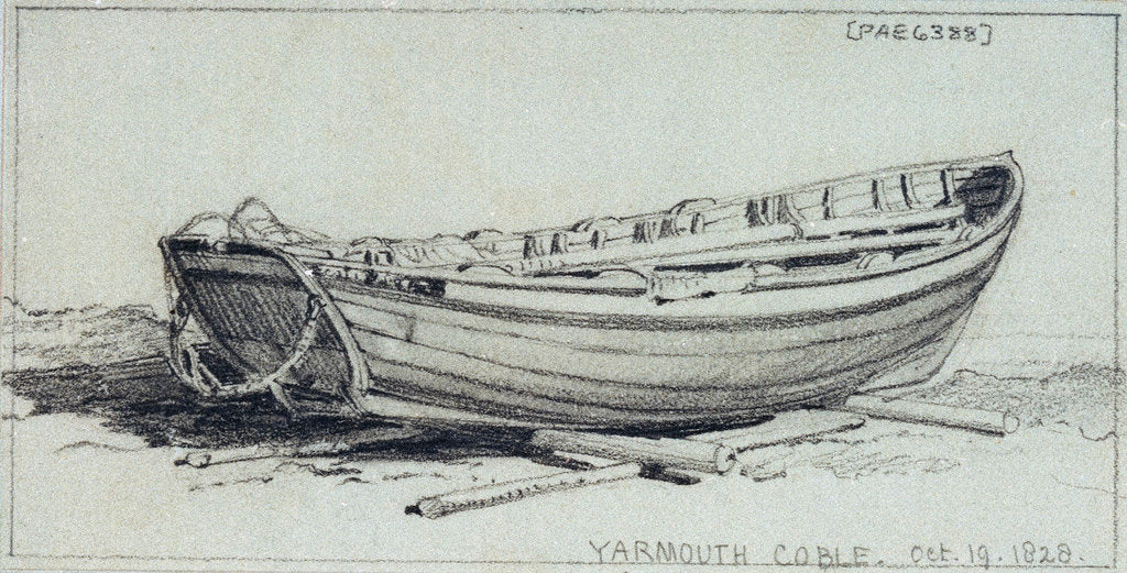 Detail of A coble hauled up on rollers on Yarmouth beach. Starbord quarter by Edward William Cooke