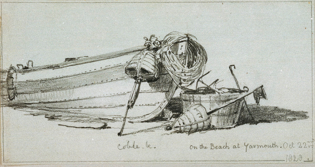 Detail of A coble on the beach at Yarmouth, starboard bow, with dan buoys and a fishing line tug by Edward William Cooke
