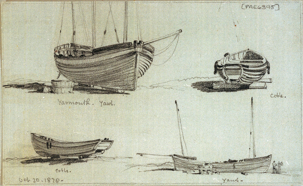 Detail of A three masted yawl, a two masted yawl and two views of a coble on Yarmouth beach by Edward William Cooke