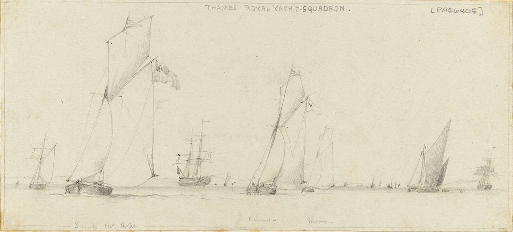 Detail of Yacht racing on the Thames. Cutter yachts 'Success', 'Mr Hope', 'Remus' and 'Gnome', with a Thames barge and other shipping by Edward William Cooke