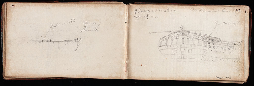 Detail of Sketch of the stern of 'Resolution' with notes by Thomas Luny