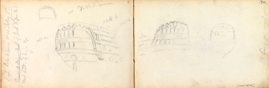 Detail of Slight sketches of stern of vessel 'General Goddard', with notes by Thomas Luny