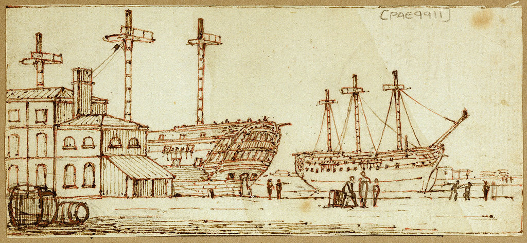 Detail of Dockyard scene with barrels and figures in foreground and two large sailing vessels in dock by Henry Moses