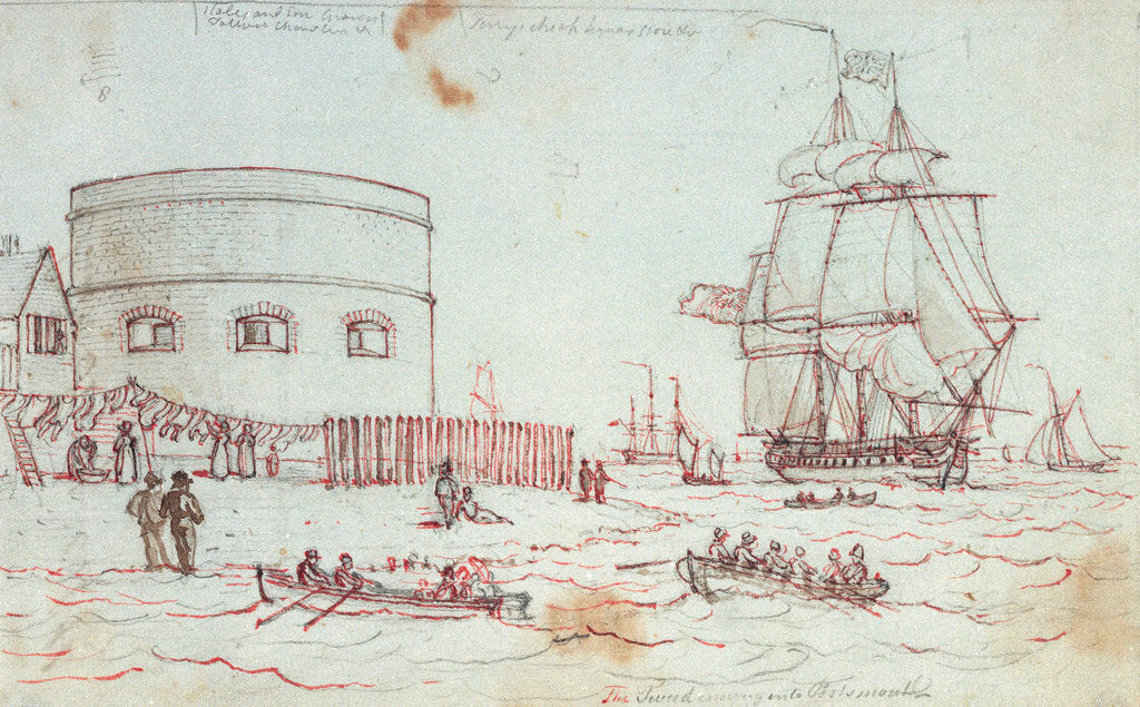 Detail of Sketch of a naval vessel the Tweed entering Portsmouth, with figures in rowing boats and on the shore in the foreground, and women hanging out washing, with inscriptions by Henry Moses