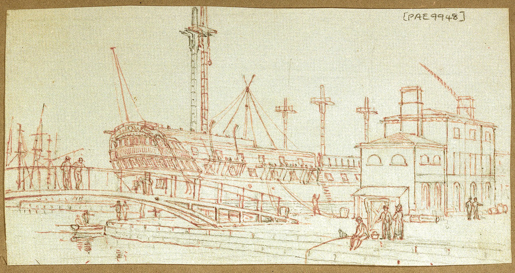 Detail of View of a hulk in a dockyard with a bridge stretching across the quayside and figures fishing and standing about by Henry Moses