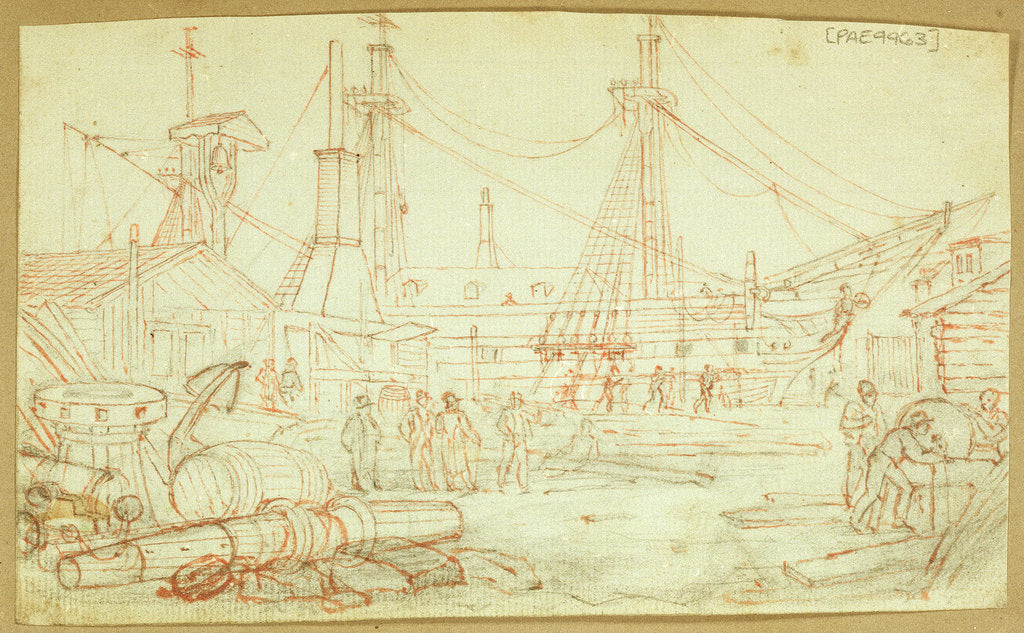 Detail of Figures working in a dockyard, a sailing vessel moored, with barrels, an anchor and a capstan in the left foreground by Henry Moses
