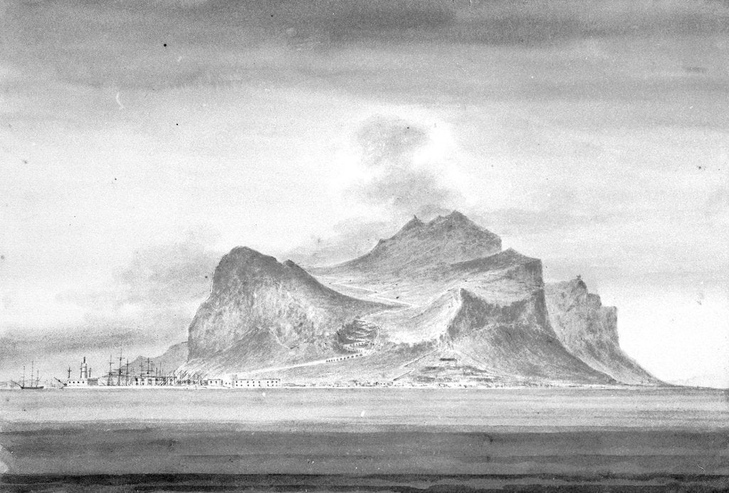 Detail of Cumberland-Mount Pelegrino; the mole; palace of Prince Belmonte - from the anchorage off Port Felice, Palermo Bay by William Innes Pocock