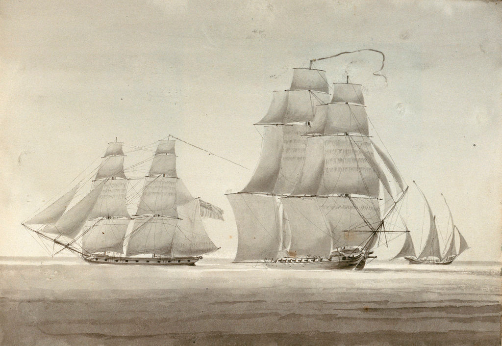 Detail of HMS 'Menelaus' and 'Eclair' with a settee by William Innes Pocock