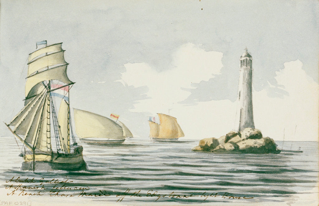 Detail of A Dutch Galliot, a Spanish felucca, a French Chasse-maree off the Eddystone lighthouse by Henry Studdy