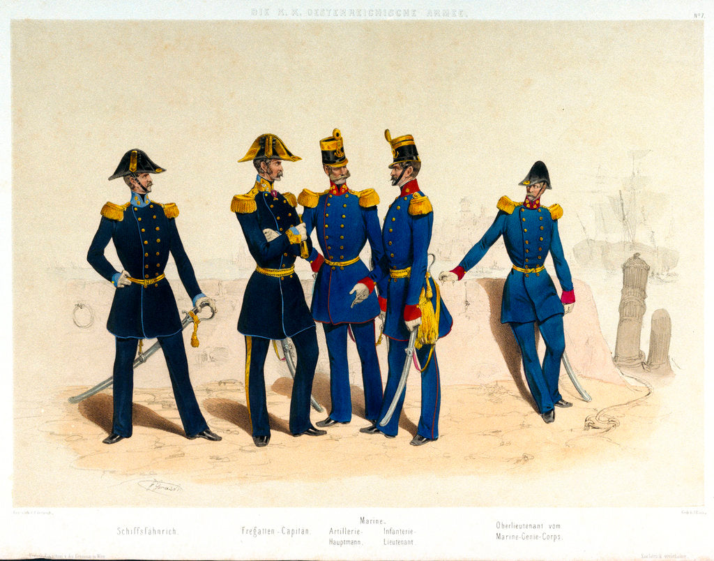 Detail of The midshipman, frigate captain, Naval artillery captain and infantry lieutenant, and Lieutenant of the Marine Engineer Corps standing in a portside scene by Franz Gerasch
