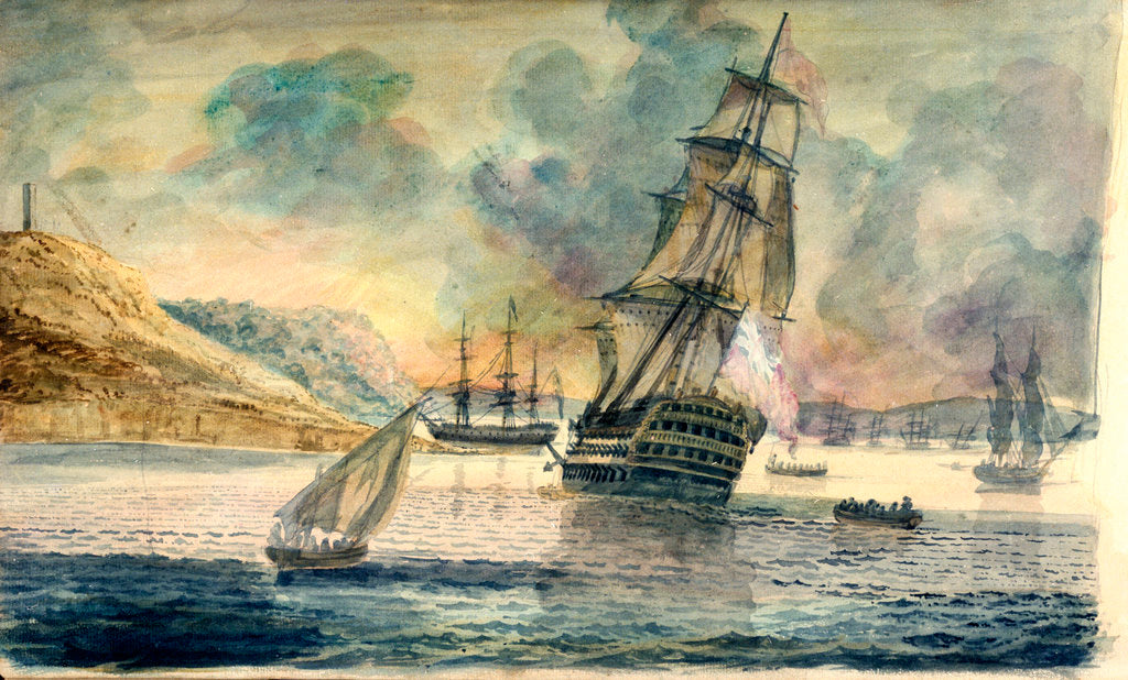 Detail of British man of war in a Mediterranean anchorage by D. Tandy
