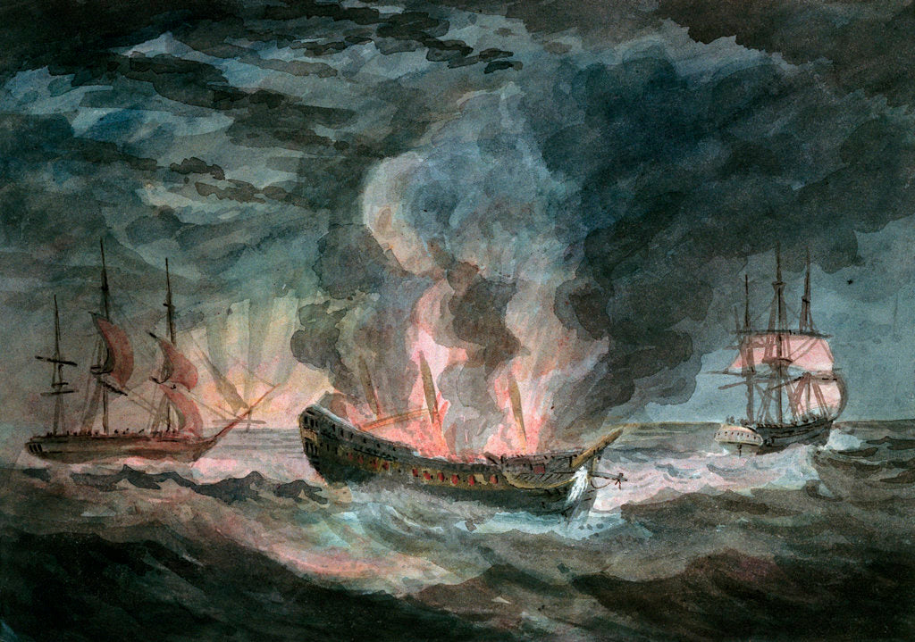 Detail of Fighting vessel blowing up at sea, with two others nearby by D. Tandy