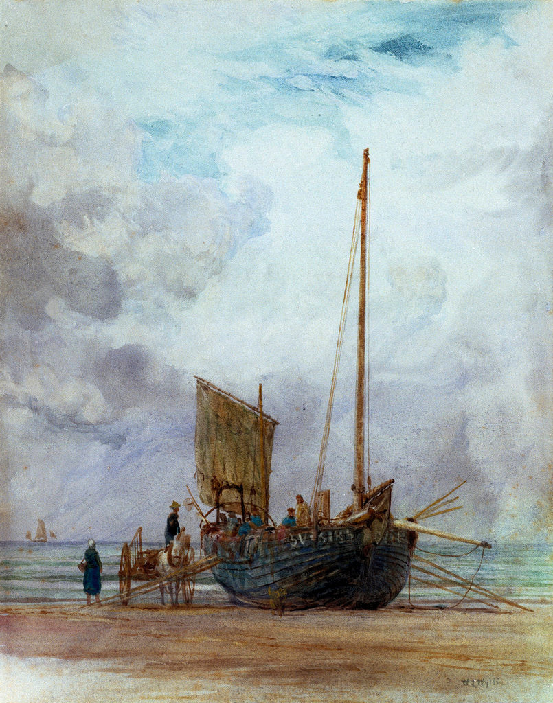 Detail of Beached fishing boat unloading into a cart, with figures by William Lionel Wyllie