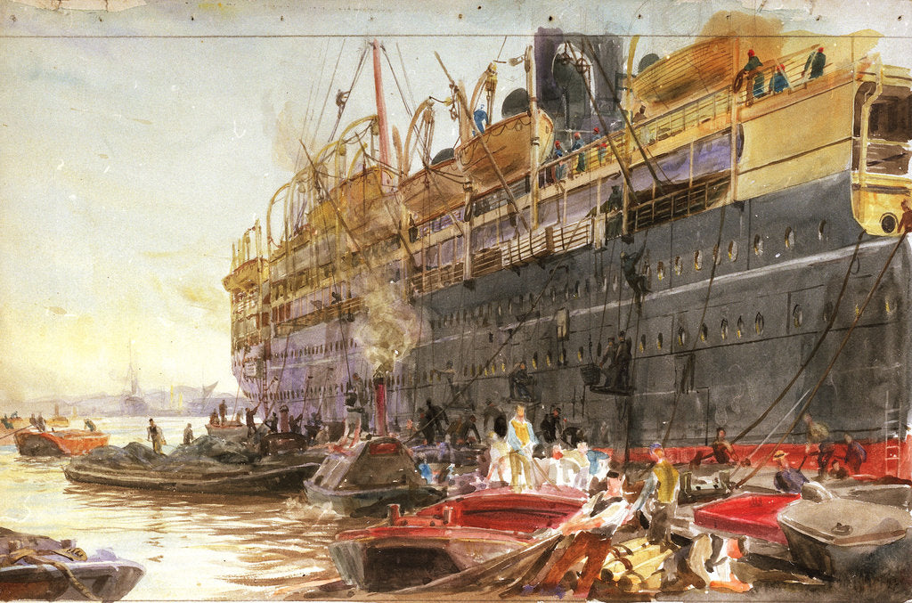 Detail of P&O liner coaling prior to embarkation, probably the 'Mongolia' (1922) by William Lionel Wyllie