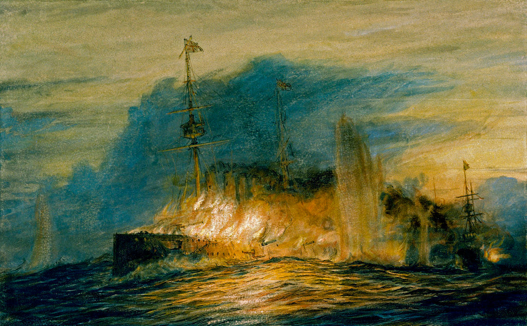 Detail of Rear Admiral Cradock's flagship, HMS 'Good Hope' (1901), on fire before blowing up at the battle of Coronel, 1 November 1914 by William Lionel Wyllie