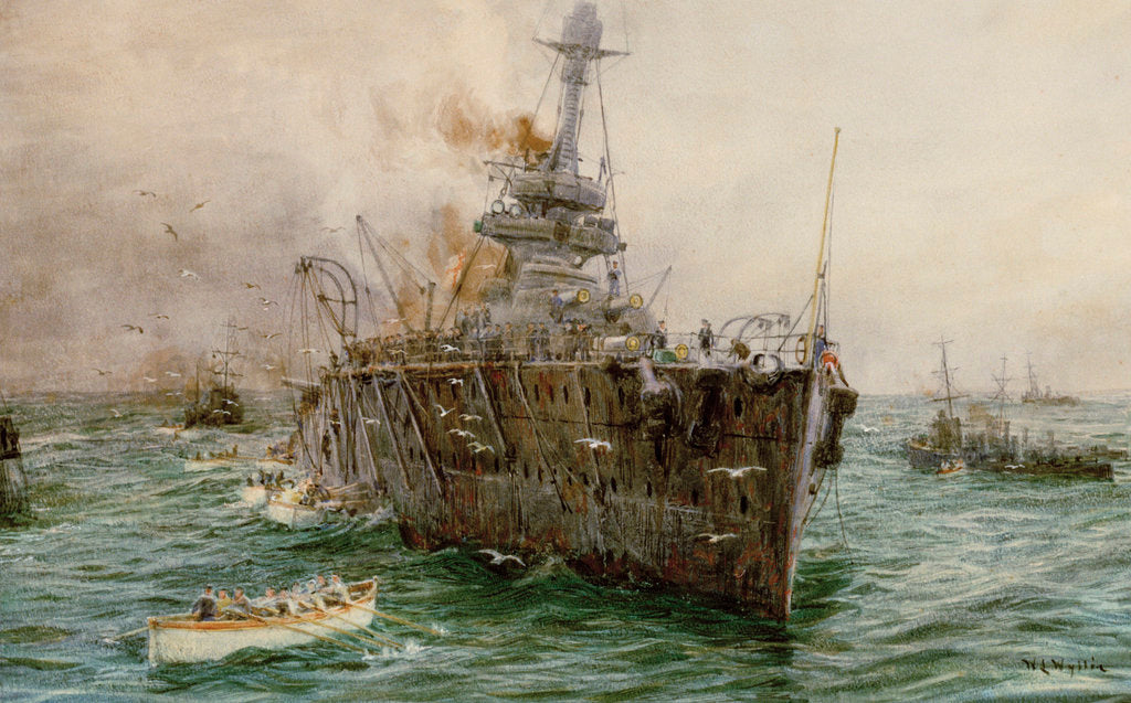 Detail of HMS 'Audacious' sinking off Loch Swilly after striking a mine, 27 October 1914 by William Lionel Wyllie