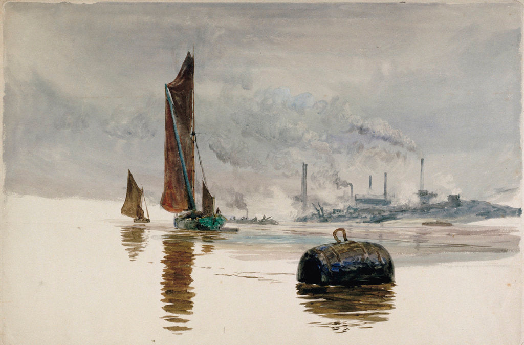 Detail of A Thames barge and a cement works by William Lionel Wyllie