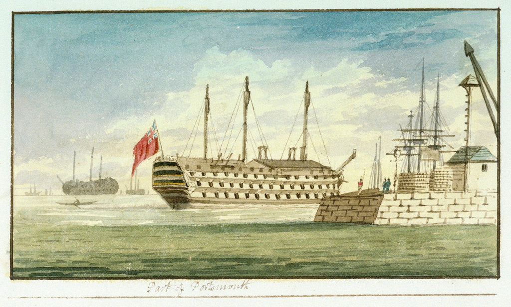 Detail of View of Portsmouth with a moored naval hulk by Edward Bamfylde Eagles