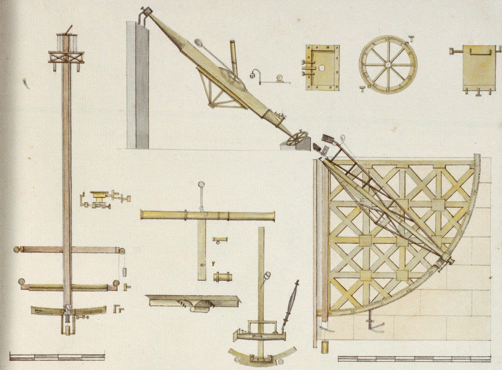 Detail of Astronomical instruments including Bradley's Zenith Sector, Sisson's Equatorial Sector and Bird's eight foot quadrant, with scale by John Charnock