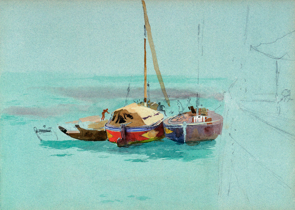 Detail of Sketch of three sailing vessels with cargo, moored alongside a larger vessel by John Fraser
