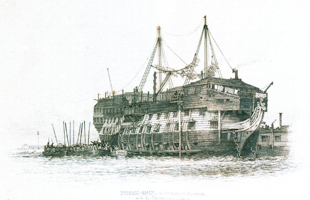 Detail of Prison-ship in Portsmouth Harbour with the convicts going on board by Edward William Cooke