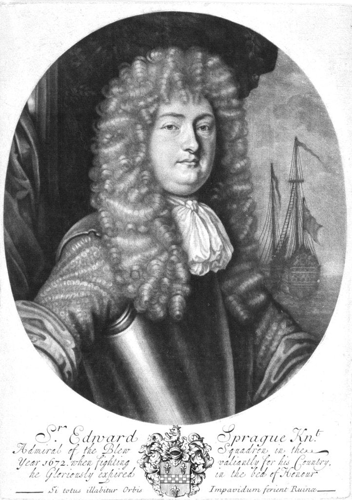 Detail of Sir Edward Sprague [Spragge] Knt. Admiral of the Blew Squadron in the year 1672 when fighting valiantly for his Country, he Gloriously expired in the bed of Honour by Isaac Becket