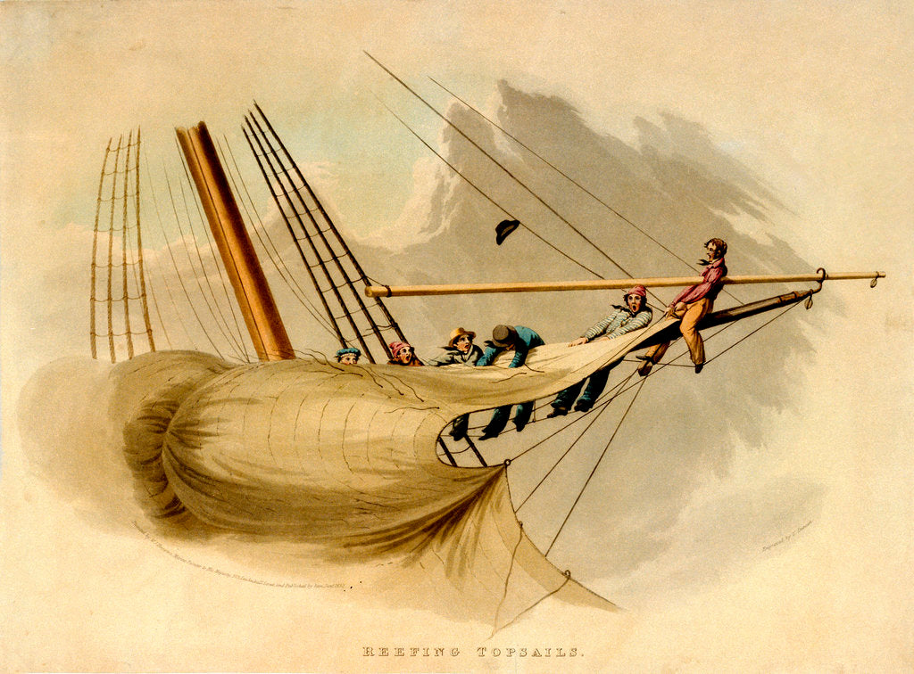 Detail of Reefing topsails by W.J. Huggins