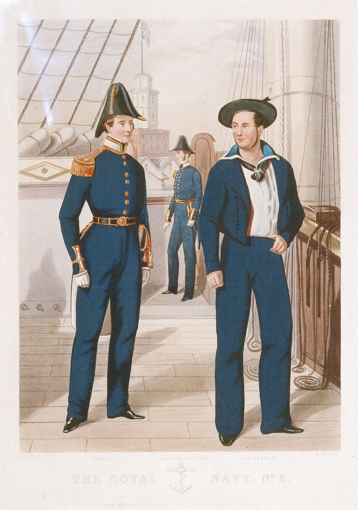 Detail of Uniforms of the Royal Navy no 6: Clerk, Second Master and A.B. Seaman by unknown