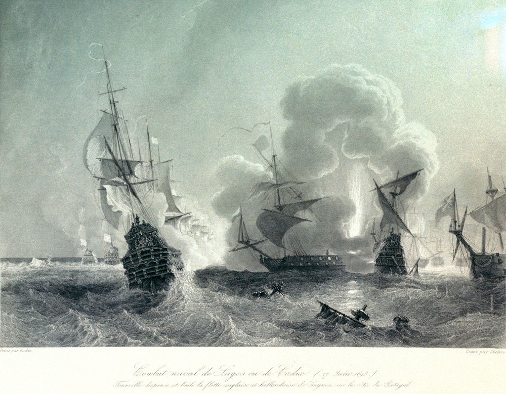 Detail of Combat naval de Lagos ou de Cadiz (27 June, 1693) Tourville disperse et brule la flotte anglaise et hollondaise d Smyrne, sur le cote du Portugal. by Jean Antoine Theodore Gudin