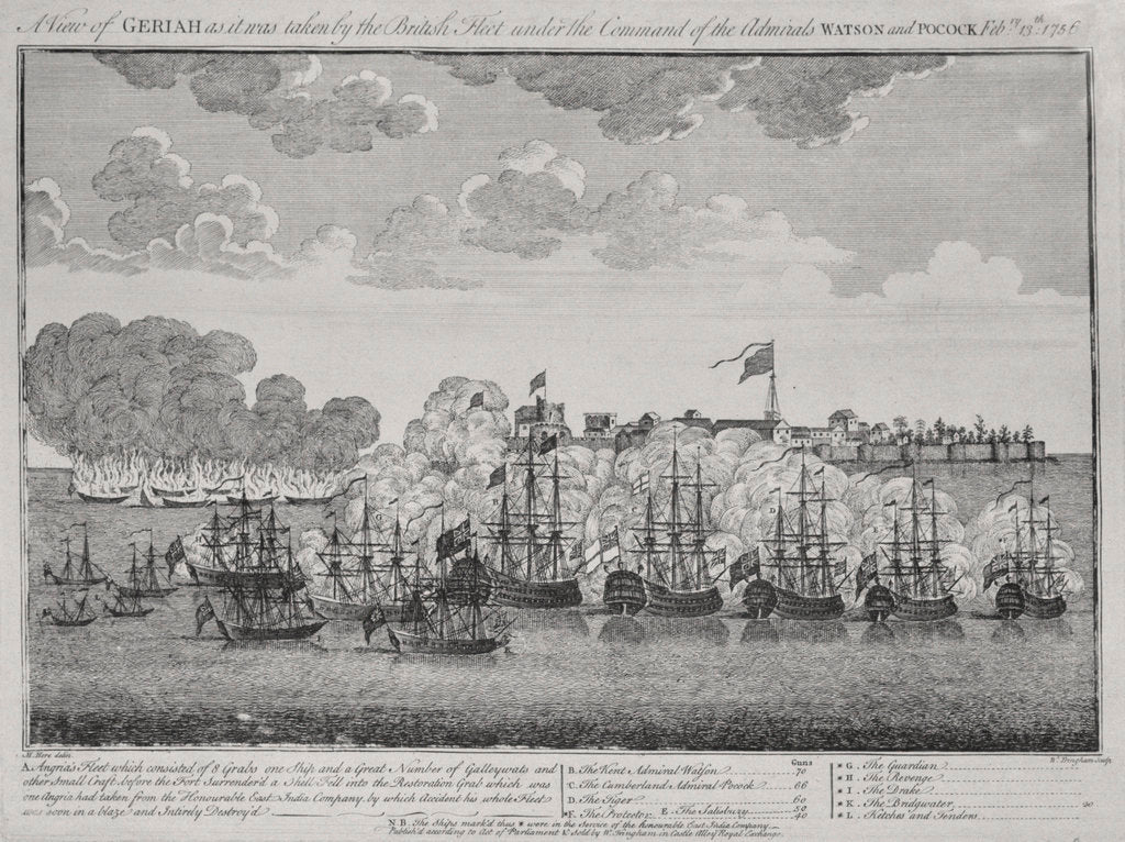 Detail of A view of Geriah as it was taken by the British fleet under the command of the Admirals Watson and Pocock February 13th 1756 by M. Hore