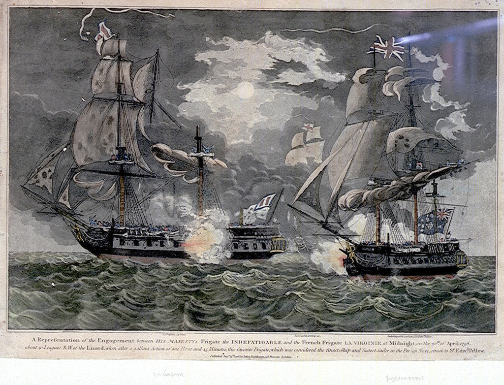 Detail of A Representation of the Engagement between His Majesty's Frigate the 'Indefatigable' and the French Frigate 'La Virginie', at Midnight, on the 20th of April 1796... struck to Sir Edward Pellew by John Fairburn