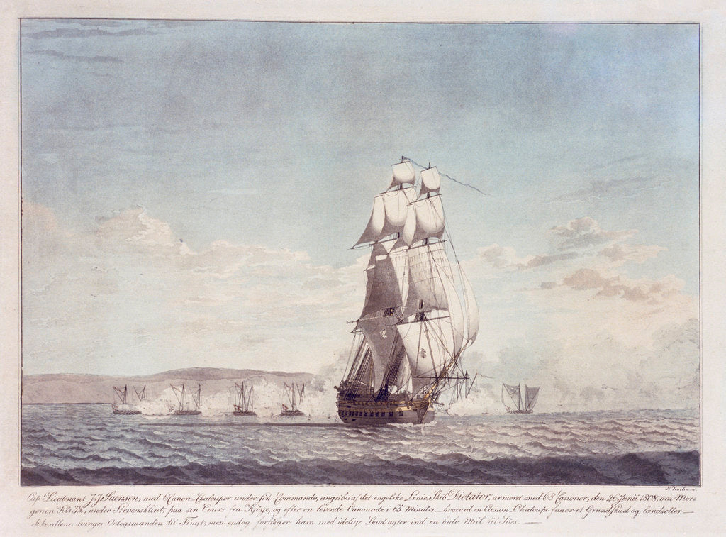 Detail of 64-gun ship 'Dictator' (1783) engaging Danish gunboats, 26 June 1808 by N. Truslew