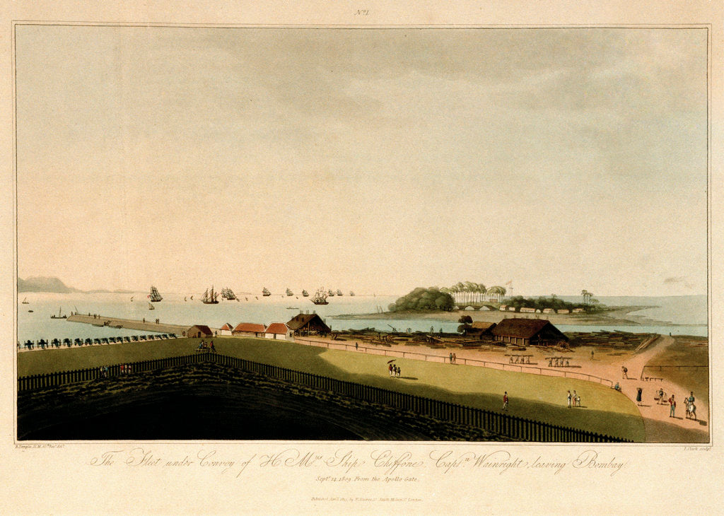 Detail of No.1 'The fleet under convoy of HMS 'Chiffone', under Captain Wainright, leaving Bombay on 14 September 1809 from the Apollo Gate' by R. Temple