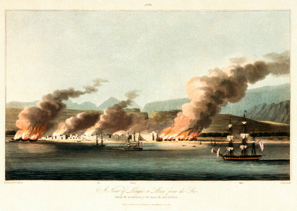 Detail of No. 10 'A view of Linga or Lung, from the sea, during the destruction of dhows on 16 November 1809' by R. Temple