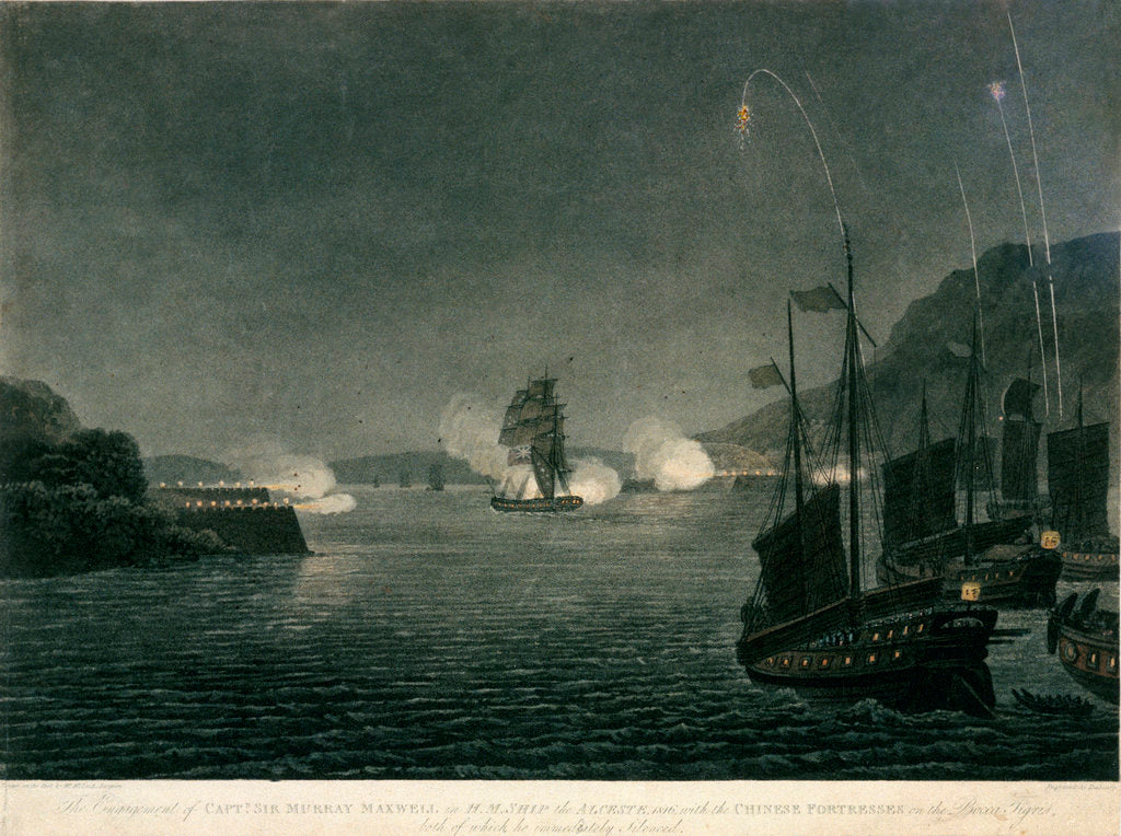 Detail of The Engagement of Capt. Sir Murray Maxwell in H.M. Ship the Alceste, 1816, with the Chinese Fortresses on the Bocca Tigris, both of which he immediately silenced by McLeod