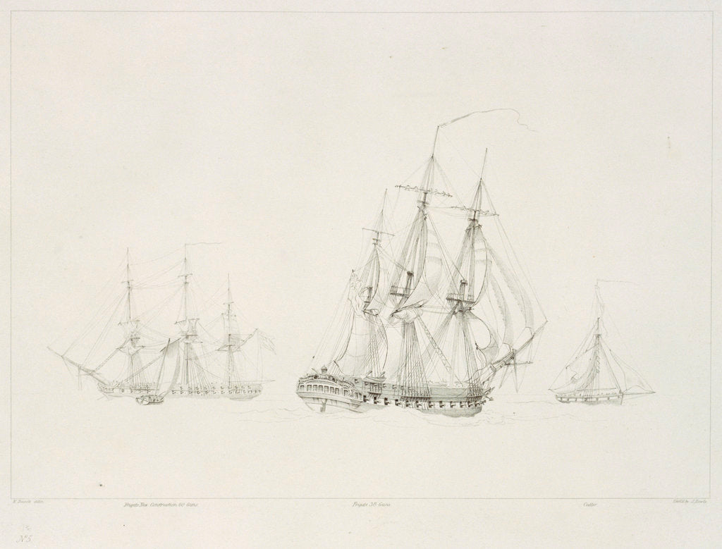 Detail of A 60-gun frigate of new construction, with a 38-gun frigate and a cutter nearby by Samuel Rawle