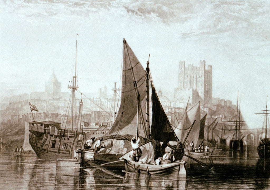 Detail of Thames barge carrying hay, a prison hulk and other shipping at Rochester, on the River Medway by Joseph Mallord William Turner