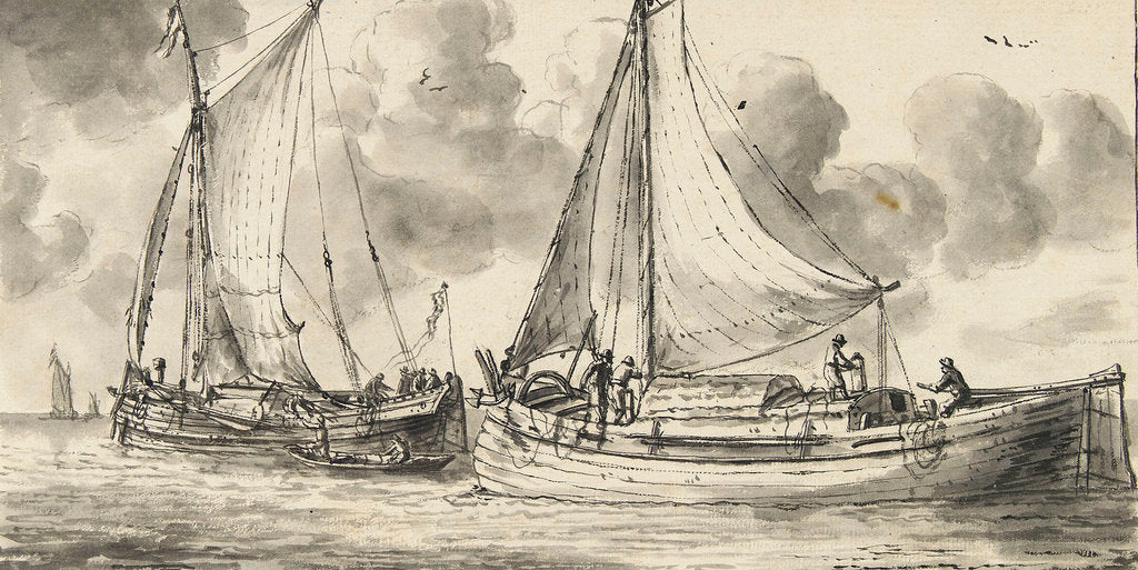 Detail of Study of a waterschip and a smalschip - fishing boats by Reinier Nooms