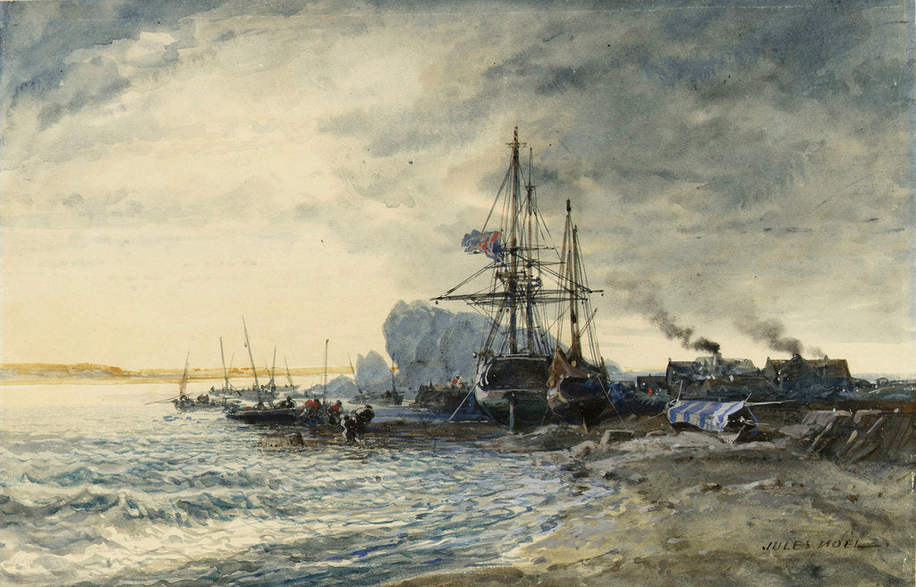 Detail of Fishing boats on the seashore by Jules Achille Noel