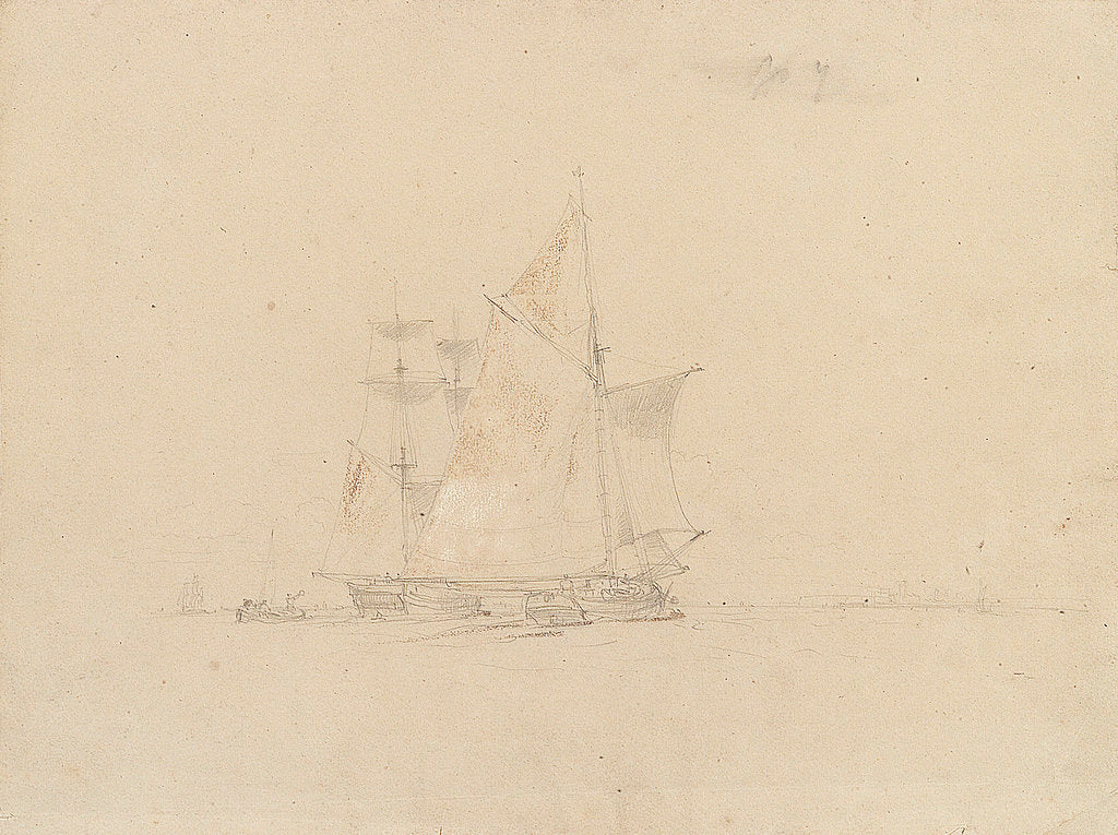 Detail of A group of sailing boats off the coast by George Chambers