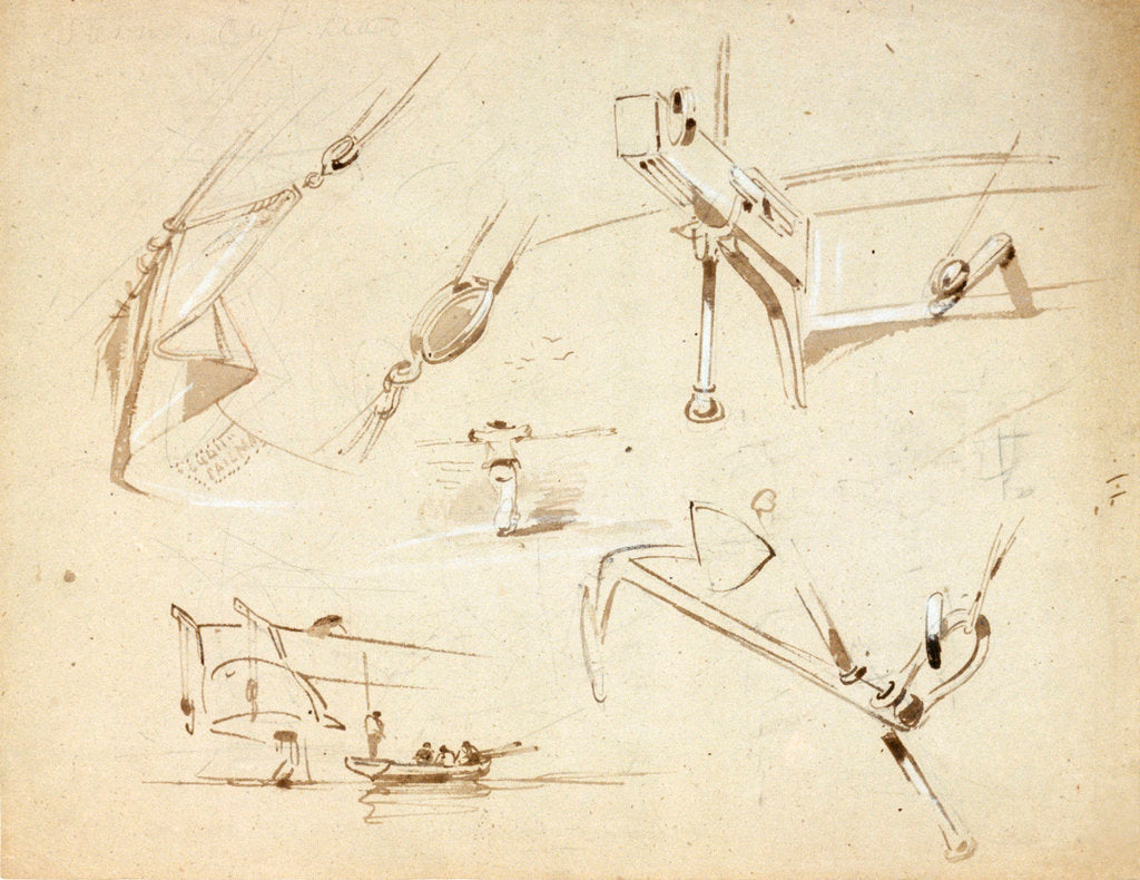 Detail of Sketches of two stern views of ships also of an anchor and rigging by Oswald Walter Brierly