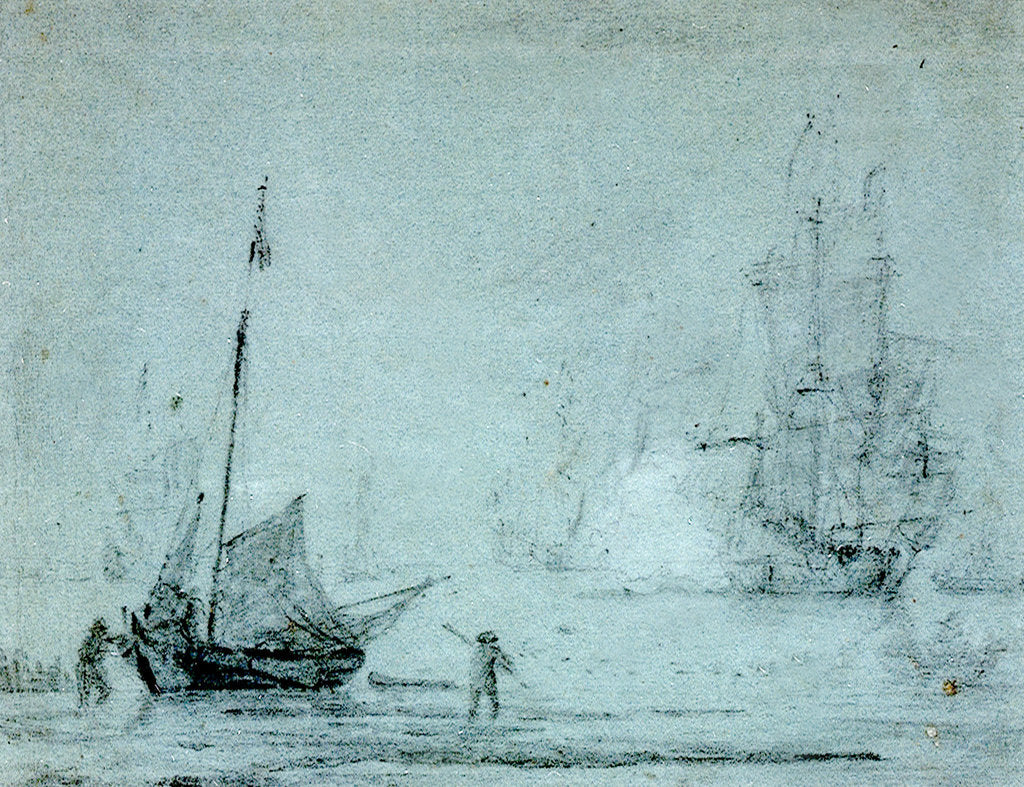 Detail of A fishing vessel ashore with fishermen casting a net by Samuel Scott