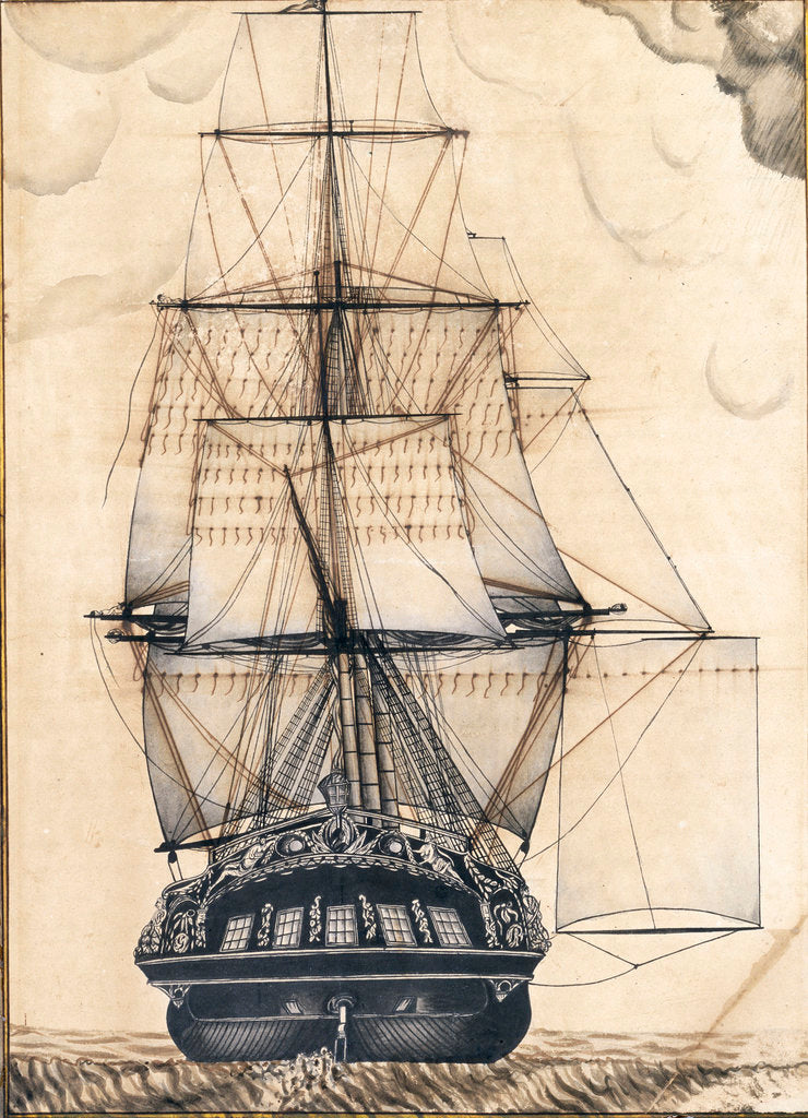 Detail of Study of the stern gallery of a vessel, also showing the rigging and sails by unknown
